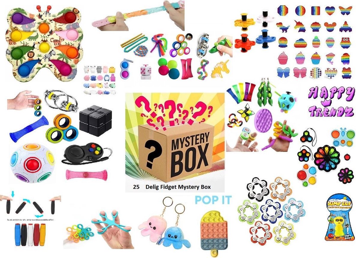 Happy Trendz® Fidget Mysterybox  25-Delig | Pakket vol cadeautjes en unieke verrassingen | Pop it| Key Chain | Pop Tubes | Mesh Marble| Monkey Noodles |Spinner | Squishy| Tiktok | Top Fidgets